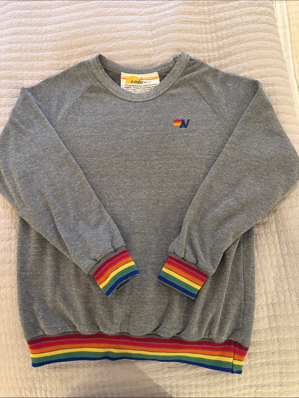 Aviator Nation Grey Crewneck Sweatshirt with Rainbow Trim